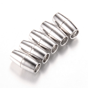 Brass Magnetic Clasps with Glue-in Ends, Barrel, Platinum, 15x6mm, Half Hole: 3mm