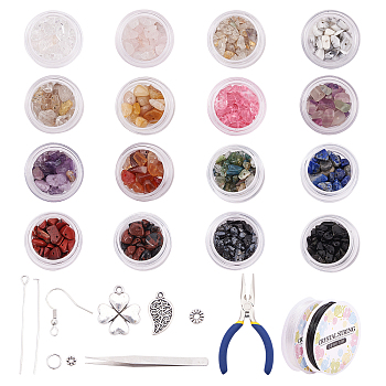 DIY Jewelry Set, with Gemstone Chip Beads, Alloy Beads & Pendants, Iron Earring Hooks & Pins, Elastic Crystal Thread, Iron Tweezers, 30x18mm