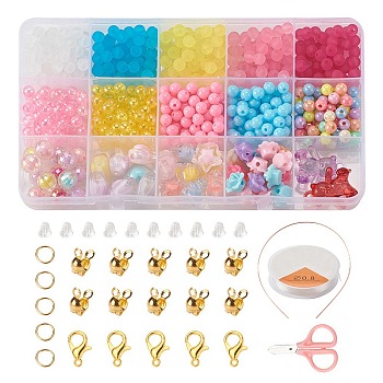DIY Jewelry Making Kits for Kids, Including Opaque & Transparent Acrylic Beads, Zinc Alloy Lobster Claw Clasps, Scissors, Iron Jump Rings & Hair Band Findings & Bead Tips, Plastic Ear Nuts, Mixed Color, Beads: 350~377pcs/set