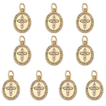 10Pcs Rack Plating Brass Micro Pave Clear Cubic Zirconia Charms, with Jump Rings, Long-Lasting Plated, Cadmium Free & Lead Free, Oval with Cross, Real 18K Gold Plated, 14.5x10x4mm, Hole: 3.2mm