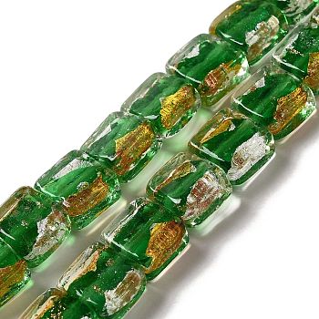 Handmade Gold Sand and Silver Sand Lampwork Beads, Square, Green, 10x10x5.5mm, Hole: 1.2mm