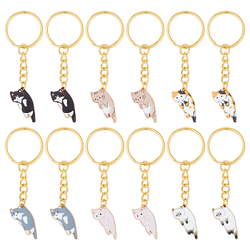 12Pcs 6 Colors Cute Cat Alloy Enamel Charm Keychains, with Golden Iron Findings, for Keychain Car Key Bag Pendant Decoration, Mixed Color, 7.5cm