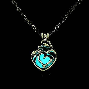 Luminous Alloy Locket Heart Pendant Necklaces, Glow in the Dark, Deep Sky Blue, 18.35 inch(46.6cm)