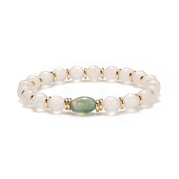 Natural Moss Agate Oval & White Agate Beaded Stretch Bracelet, Gemstone Jewelry for Women, Inner Diameter: 2-3/8 inch(6.1cm)