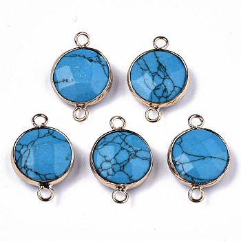 Synthetic Turquoise Links Connectors, with Light Gold Plated Brass Findings, Faceted, Flat Round, 23~24x15~15x5~6mm, Hole: 2mm