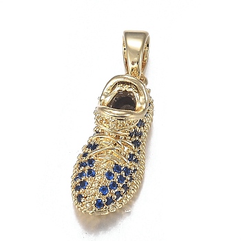 Brass Micro Blue Cubic Zirconia Pendants, Long-Lasting Plated, Shoes, Real 18K Gold Plated, 23x9x10.5mm, Hole: 3.5x5mm