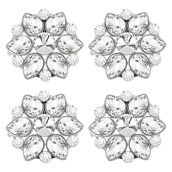 4Pcs Flower Alloy with Glass Rhinestone Shoe Buckle Clips, Detachable Shoe Decoration, with Iron Clips, Crystal, 55x11mm