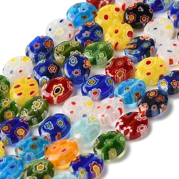 Handmade Millefiori Glass Heart Bead Strands, Oval, Mixed Color, 10x8x3mm, Hole: 1.2mm, about 38pcs/strand, 14.17''(36cm)