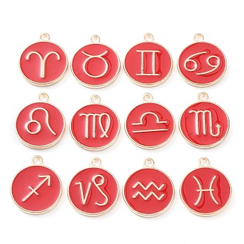 Alloy Enamel Pendants, Flat Round with Constellation, Red, 22x18x2mm, Hole: 1.5mm, about 12pcs/set