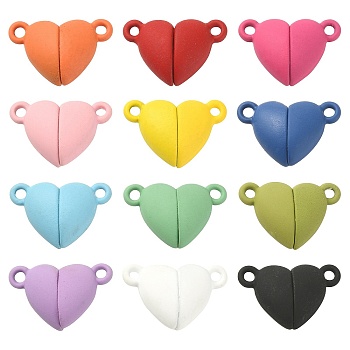 12 Sets 12 Colors Spray Painted Alloy Magnetic Clasps, Cadmium Free & Nickel Free & Lead Free, Heart, Mixed Color, 10.5x16x7mm, Hole: 1.2mm, 1 set/color