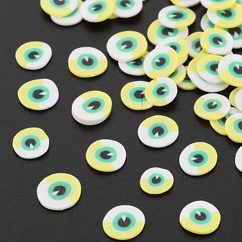 Handmade Polymer Clay Cabochons, Flat Round with Evil Eye, Yellow, 5~6x0.5~1mm, about 2500pcs/50g
