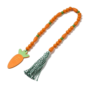 Wood Beaded Garland Hanging Ornament, with Wood Carrot and Tassels for Easter Decorations, Dark Orange, 800mm