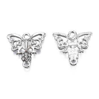 Alloy Rhinestone Links connectors, Butterfly, Silver Color Plated, 20x20x2mm, Hole: 2mm