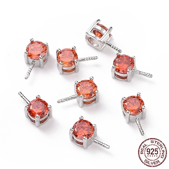 Rhodium Plated 925 Sterling Silver Peg Bails, with Cubic Zirconia, Square, Platinum, Orange Red, 9x4x4.5mm, Hole: 2.5x1.5mm, Pin: 0.6mm