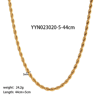 5mm Stylish Titanium Steel Rope Chain Necklaces for Women Men, Real 18K Gold Plated, 17.32 inch(44cm)