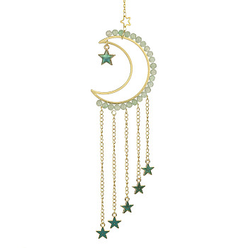 Natural Green Aventurine & Brass Moon Pendant Decorations, with Alloy Enamel Star Charms, for Home Moon Decorations, 225mm