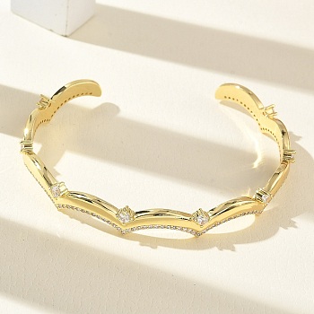 Brass Micro Pave Clear Cubic Zirconia Cuff Bangles for Women, Wavy, Cadmium Free & Lead Free, Long-Lasting Plated, Rack Plating, Real 18K Gold Plated, Inner Diameter: 2.44 inch(6.2cm)