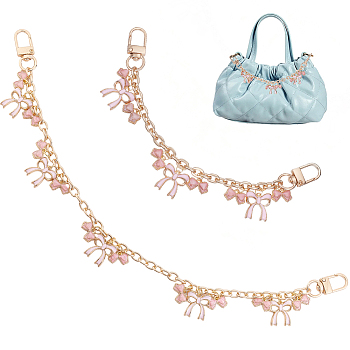 2Pcs 2 Styles Alloy Enamel Pink Bowknot Charm Cable Chain Purse Decorative Chains, with Swivel Clasps, Bag Replacement Accessories, Golden, 205~360mm, 1pc/style