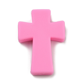 Cross Silicone Focal Beads, Chewing Beads For Teethers, DIY Nursing Necklaces Making, Hot Pink, 35x25x8mm, Hole: 2mm