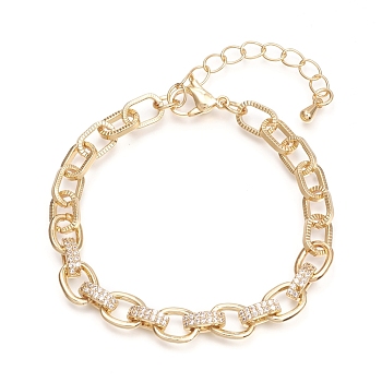Brass Cable Chains Bracelets, with Clear Cubic Zirconia and Lobster Claw Clasps, Textured, Long-Lasting Plated, Golden, 6-1/2 inch(16.5cm)