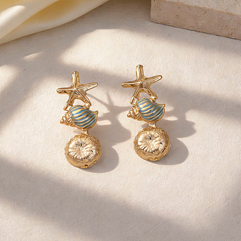 Alloy Enamel Stud Earrings, Conch Shape & Starfish, Golden, 40x16.5mm