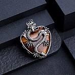 Natural Tiger Eye Metal Dragon Wrapped Pendants, Heart Charms, Antique Silver, 42x32mm(PW-WG32694-07)
