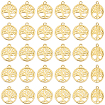 Brass Pendant, Flat Round with Tree of Life, Real 18K Gold Plated, 18x15x1.5mm, Hole: 1.6mm, 30pcs/box(KK-DC0002-30)
