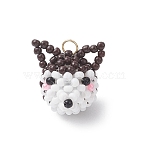 Glass Seed Beaded Pendants, with 304 Stainless Steel Jump Rings, Dog Charm, Coconut Brown, 18.5x17.5x16.5mm, Hole: 3mm(PALLOY-MZ01131)