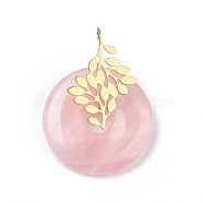 Natural Rose Quartz Pendants, with Ion Plating(IP) Golden Color Tone 304 Stainless Steel Findings, Leaf with Donut/Pi Disc Charm, 37~38x30x10~11mm, Hole: 3mm(G-E088-03P-05)