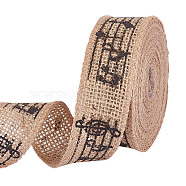 Musical Note Print Burlap Ribbons, Tan, 1-1/8 inch(30mm), about 5.47 Yards(5m)/Roll(OCOR-WH0091-27)