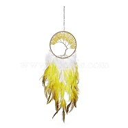 Iron Woven Web/Net with Feather Pendant Decorations, with Plastic and Citrine Stone Beads, Covered with Leather and Brass Cord, Flat Round with Tree of Life, Yellow, 700mm(AJEW-B017-12)