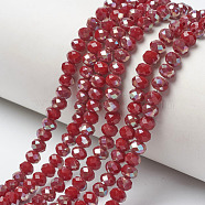 Electroplate Opaque Solid Color Glass Beads Strands, Half Plated, Rainbow Plated, Faceted, Rondelle, FireBrick, 4x3mm, Hole: 0.4mm, about 123~127pcs/strand, 16.5~16.9 inch(42~43cm)(EGLA-A034-P4mm-J08)