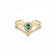 Green Cubic Zirconia Crown Cuff Ring, Brass Finger Ring for Women, Nickel Free, Real 18K Gold Plated, US Size 6 1/2(16.9mm)(RJEW-S045-134)