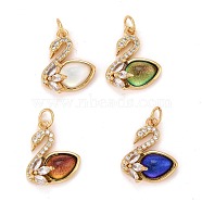Brass Micro Pave Clear Cubic Zirconia Charms, with Real 18K Gold Plated Brass Loops & Glass, Cadmium Free & Nickel Free & Lead Free, Swan, Mixed Color, 13x14x7.5mm, Hole: 3.5mm, Jump Ring: 5x0.8mm(ZIRC-C030-05G)