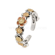 Brass Enamel Open Cuff Rings for Women, Flower, Antique Silver & Golden, US Size 6(16.5mm)(RJEW-F164-03AS)