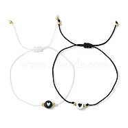 2Pcs 2 Color Acrylic Heart & Glass Seed Braided Bead Bracelet Set, Adjustable Bracelets, Black and White, Inner Diameter: 3-1/4 inch(8.1cm), 1Pc/color(BJEW-JB09801)