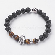Natural Lava Rock Beads Bracelets, with Natural Tiger Eye, Magnetic Clasp and Alloy Finding, Gladiator Helmet, Antique Silver, 8-1/8 inch(205mm), 16x11x9mm(BJEW-E326-16C)