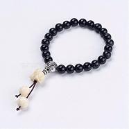 Natural Obsidian Mala Bead Bracelets, with Synthetic Coral Lotus & Elephant Beads, Tibetan Style Alloy Guru Bead, Burlap Packing Pouches Drawstring Bags, Inner Diameter: 2-1/8 inch(5.3cm)(BJEW-JB03023)