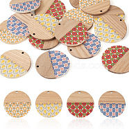 16Pcs 4 Colors Printed Resin & Wood Pendants, Flat Round Charm with Flower Pattern, Mixed Color, 35x2~3mm, Hole: 2mm, 4pcs/color(WOOD-BT0001-13)