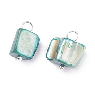 Natural Freshwater Shell Charms, with Platinum Tone Brass Findings, Dyed, Cyan, 13.5~14x9~12x6.5mm, Hole: 2.5mm(PALLOY-JF01352-01)