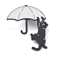 Umbrella Cat Zinc Alloy Brooches, Black Kitten with Umbrella Enamel Pins, for Backpack Clothes, White, 25x30x1.5mm(JEWB-S029-03D)