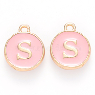 Golden Plated Alloy Enamel Charms, Cadmium Free & Lead Free, Enamelled Sequins, Flat Round with Letter, Pink, Letter.S, 14x12x2mm, Hole: 1.5mm(ENAM-S118-07S)