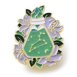 Flower Holy Vase Leo Enamel Pins, Golden Zinc Alloy Brooch for Backpack Clothes, Constellation Theme Badge for Women, Light Green, 31x23.5mm(JEWB-B012-03D)