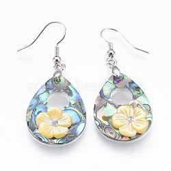 Abalone Shell/Paua Shell Dangle Earrings, with Brass Findings & Yellow Shell, Teardrop with Flower, 50~50.5mm, Pin: 0.7mm(EJEW-P148-10-01)