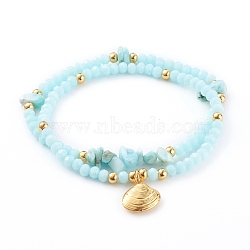 Stretch Bracelets Sets, with Glass Beads, Natural Larimar Chip Beads and 304 Stainless Steel Pendants, Shell, Golden, Light Cyan, Inner Diameter: 2-1/8 inch(5.5cm), 2pcs/set(BJEW-JB06095-02)