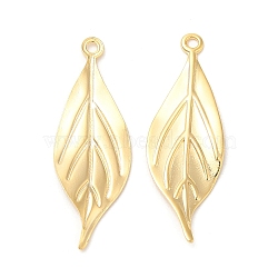 Rack Plating Brass Filigree Pendants, Cadmium Free & Lead Free, Leaf Charm, Real 24K Gold Plated, 30x10x1mm, Hole: 1.4mm(KK-M250-10G)