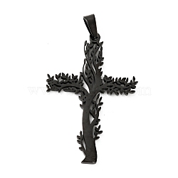 201 Stainless Steel Pendants, Cross with Tree, Electrophoresis Black, 47x31.5x2mm, Hole: 6.5x4mm(STAS-E015-13EB)