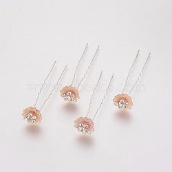 (Defective Closeout Sale), Lady's Hair Forks, with Silver Color Plated Iron Findings, Rhinestone and Resin, Flower, Crystal, Tan, 75mm(PHAR-XCP0001-K01)