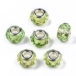 Transparent Resin European Beads, Imitation Crystal, Large Hole Beads, with Silver Tone Brass Double Cores, Faceted, Rondelle, Yellow Green, 14x9.5mm, Hole: 5mm(RPDL-T003-003-B07)