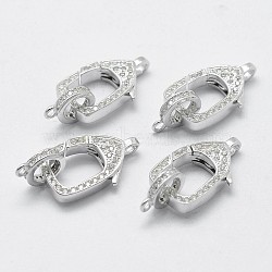 925 Sterling Silver Cubic Zirconia Lobster Claw Clasps, Carved 925, Rectangle, Platinum, 25x12x3mm, Hole: 1mm and 2mm(STER-K169-01P)